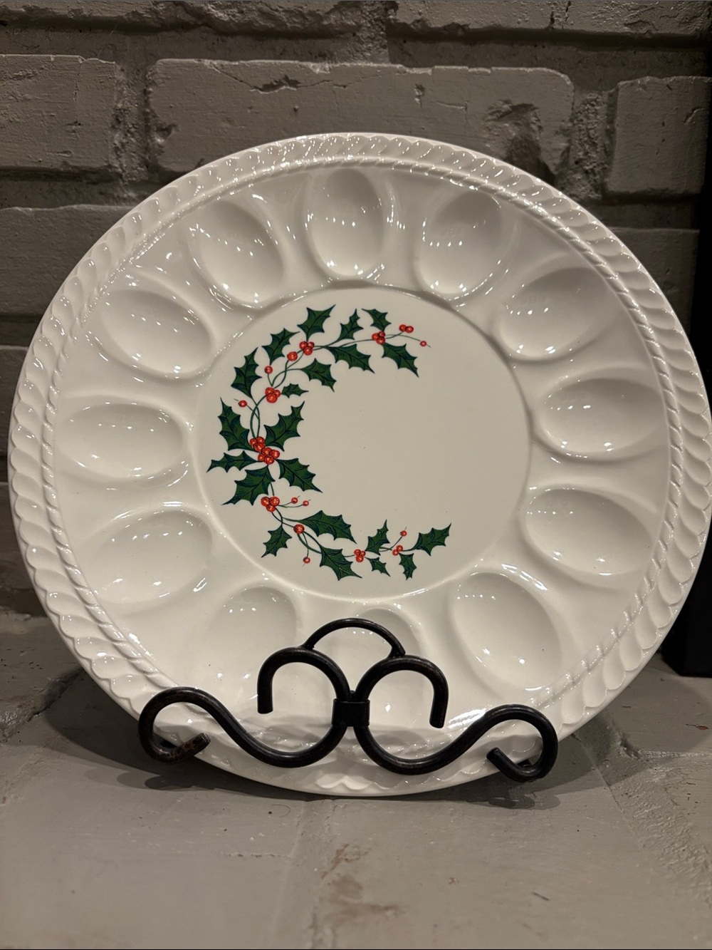 Vintage 1970s Unmarked Egg Tray Deviled Egg Plate Applied Holly & Berries